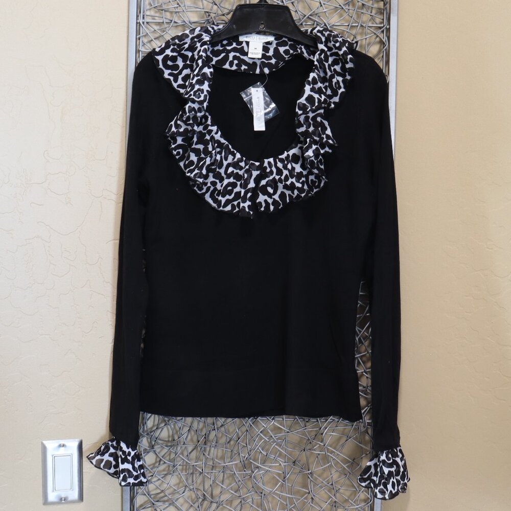 White House Black Market Black Sweater with Black and White Leopard Ruffle